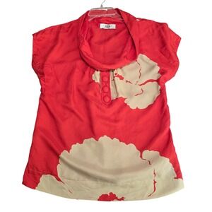 Tibi New York 100% Silk Red Floral Cowl Neck Blouse Top Button Front Size
